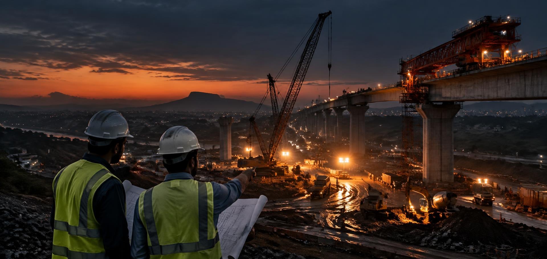 Infrastructure construction site at dusk